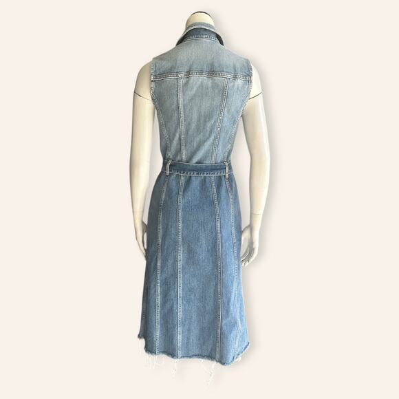 7 For All Mankind Denim Button Up Midi Dress XS Sleeveless Belted Frayed Hem - Picture 3 of 9